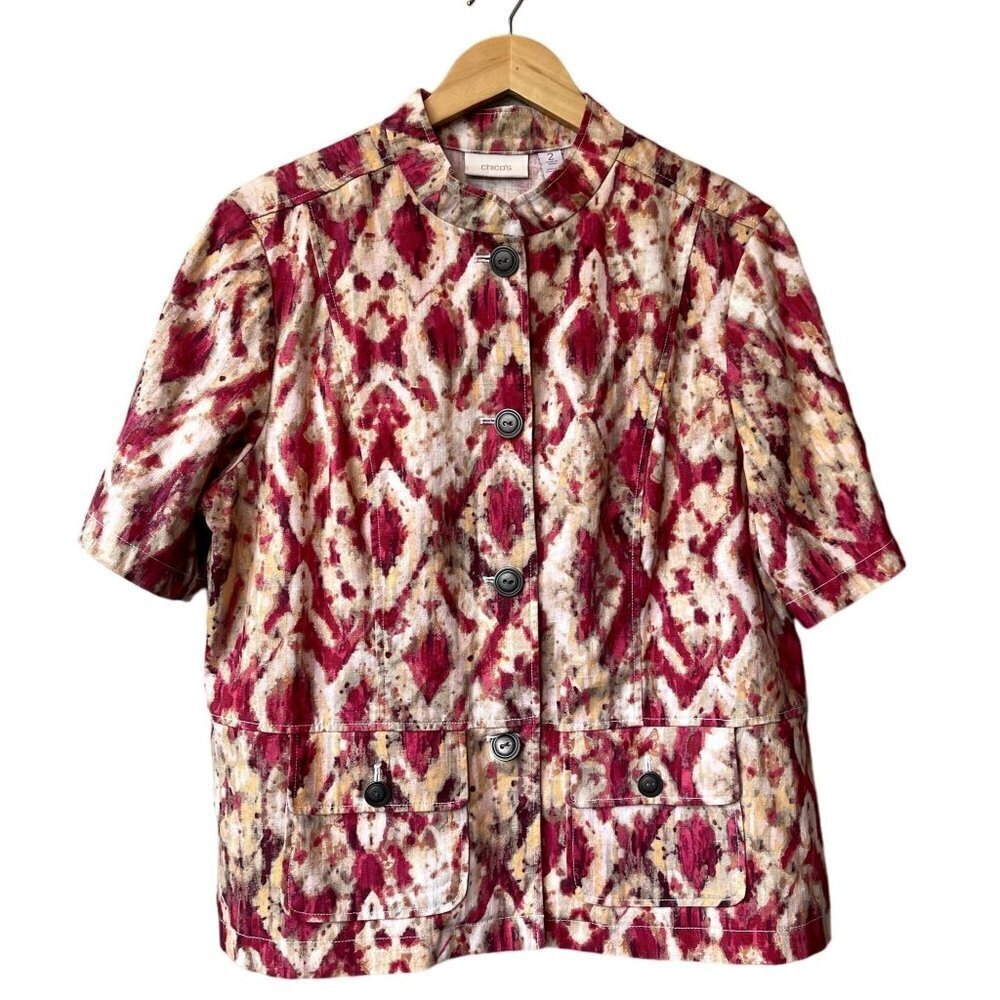 Chico's Linen Jacket Size M Art To Wear Button Front Colorful Southwestern Red